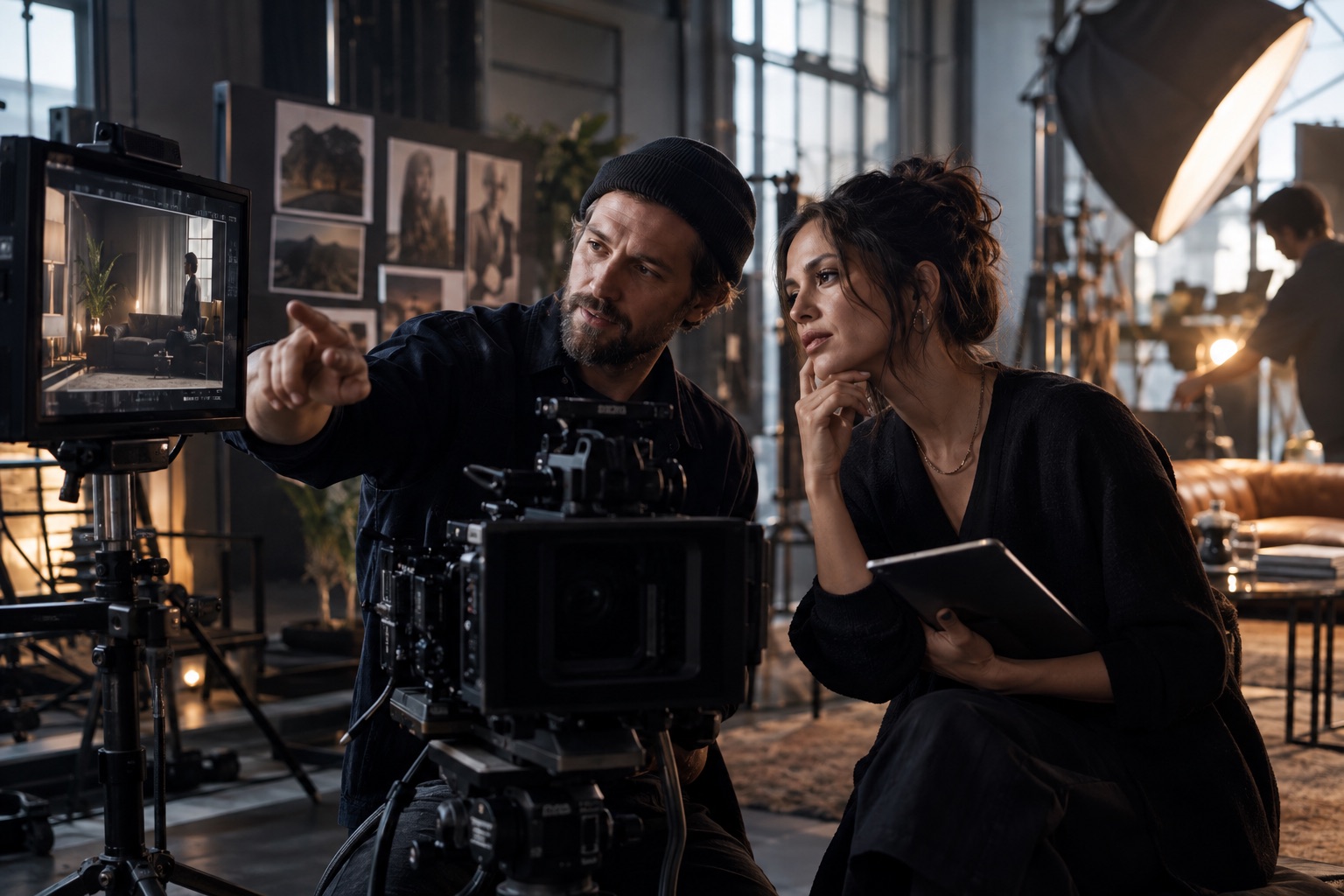 Deux professionnels préparent un tournage dans un studio